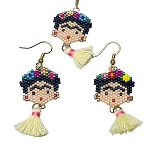 Frida Kahlo Beaded Necklace and Dangle Earrings Tassel Jewelry Set
